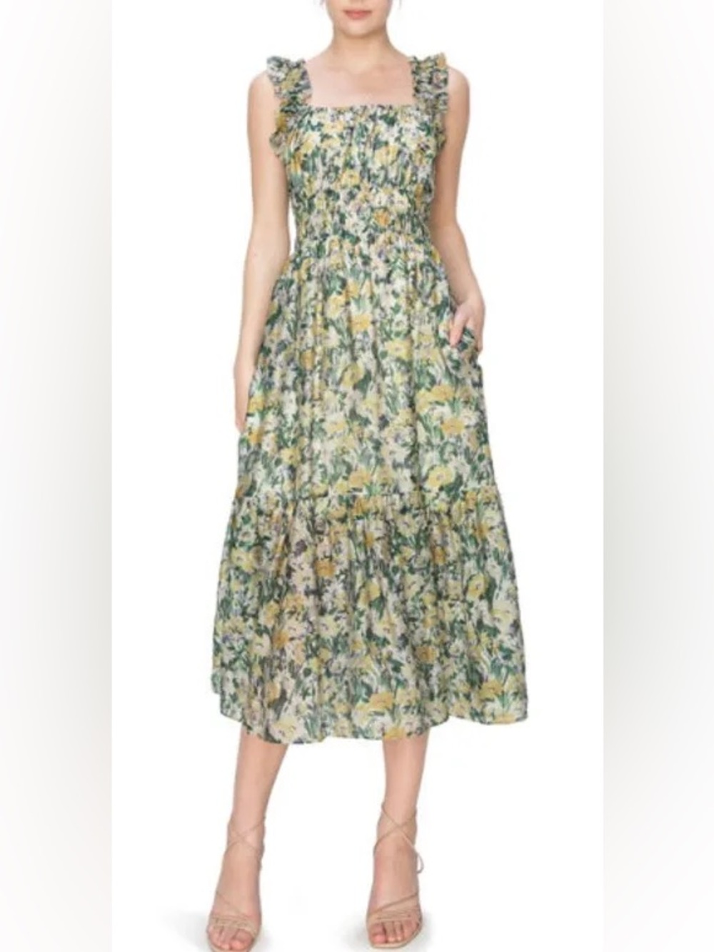 MELLODAY Floral Smocked Midi Dress in Green and Yellow